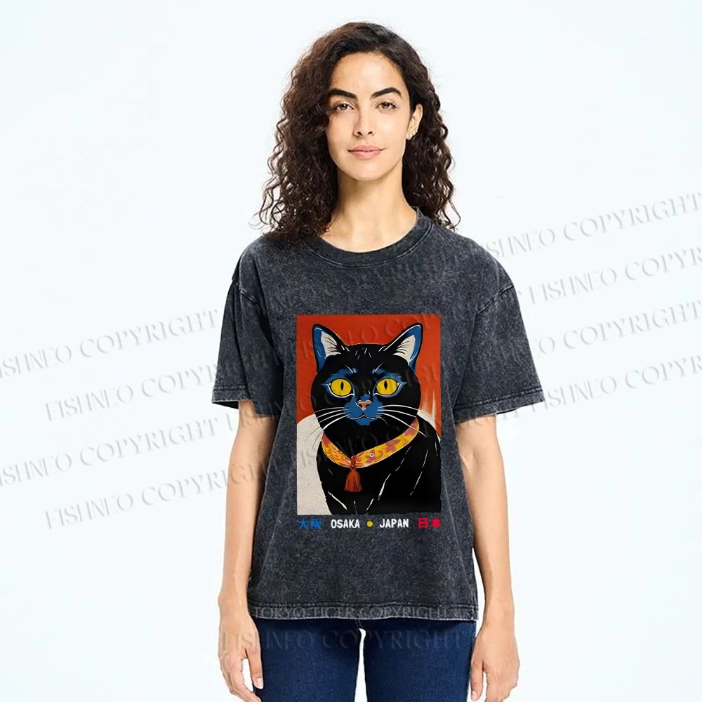 Unisex Osaka Retro Black Cat Printed Washed Tee