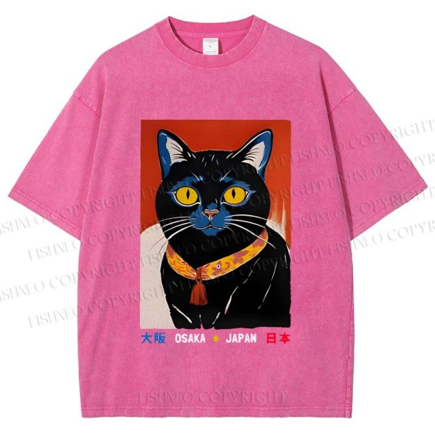 Unisex Osaka Retro Black Cat Printed Washed Tee