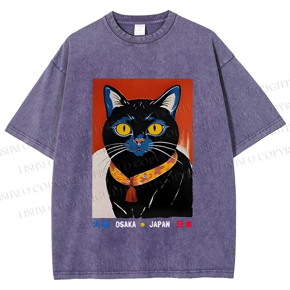 Unisex Osaka Retro Black Cat Printed Washed Tee