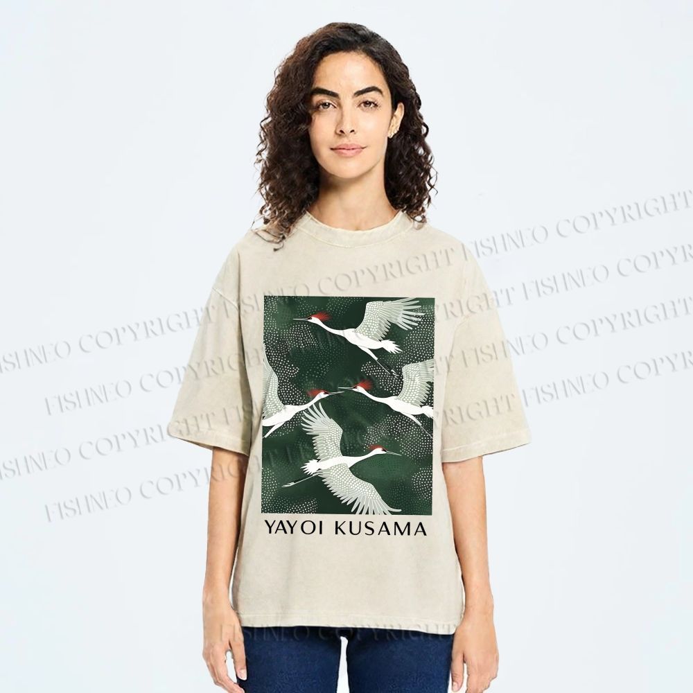 Unisex Kusama Dot Cranes Printed Washed Tee