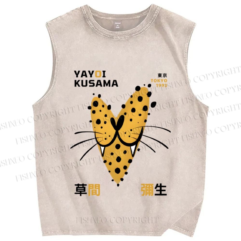 Unisex Yayoi Kusama Smiling Panther in Love Printed Washed Tank Top