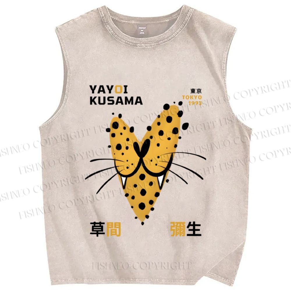 Unisex Yayoi Kusama Smiling Panther in Love Printed Washed Tank Top