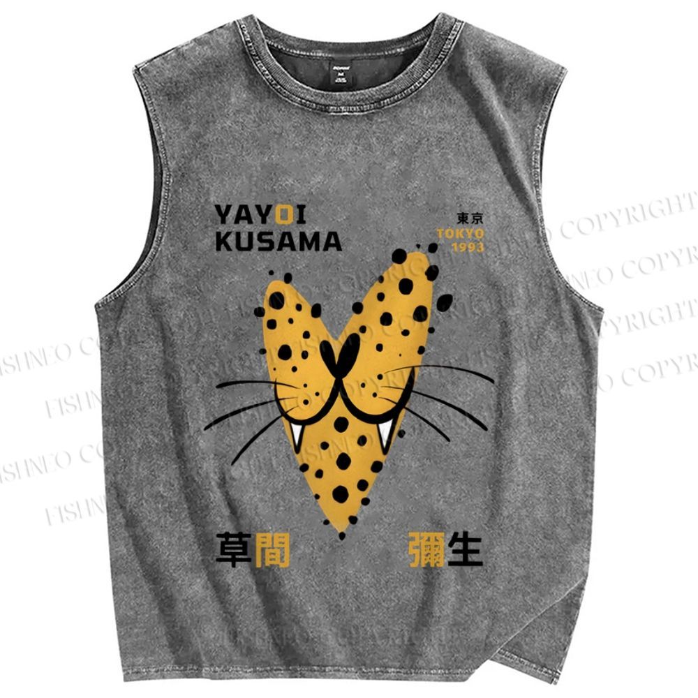 Unisex Yayoi Kusama Smiling Panther in Love Printed Washed Tank Top