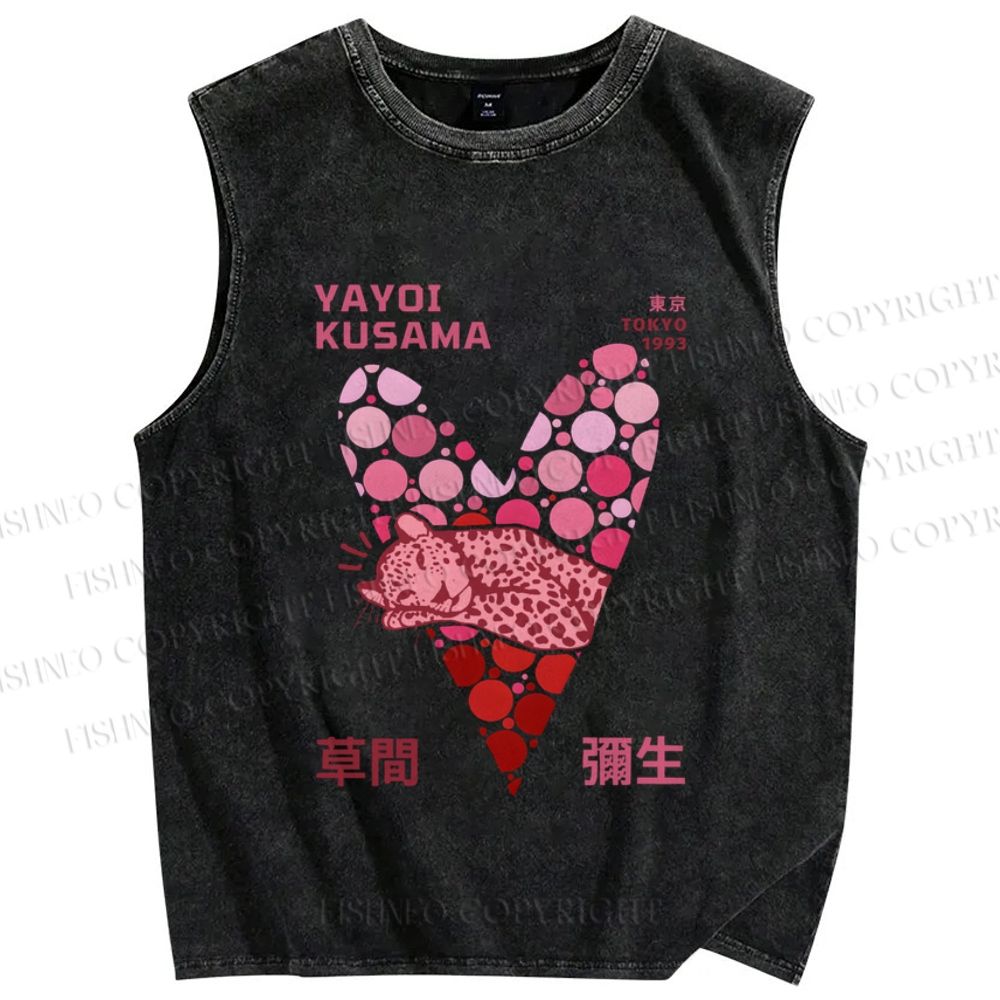 Unisex Yayoi Kusama Pink Panther in Heart Printed Washed Tank Top