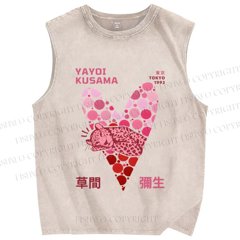 Unisex Yayoi Kusama Pink Panther in Heart Printed Washed Tank Top