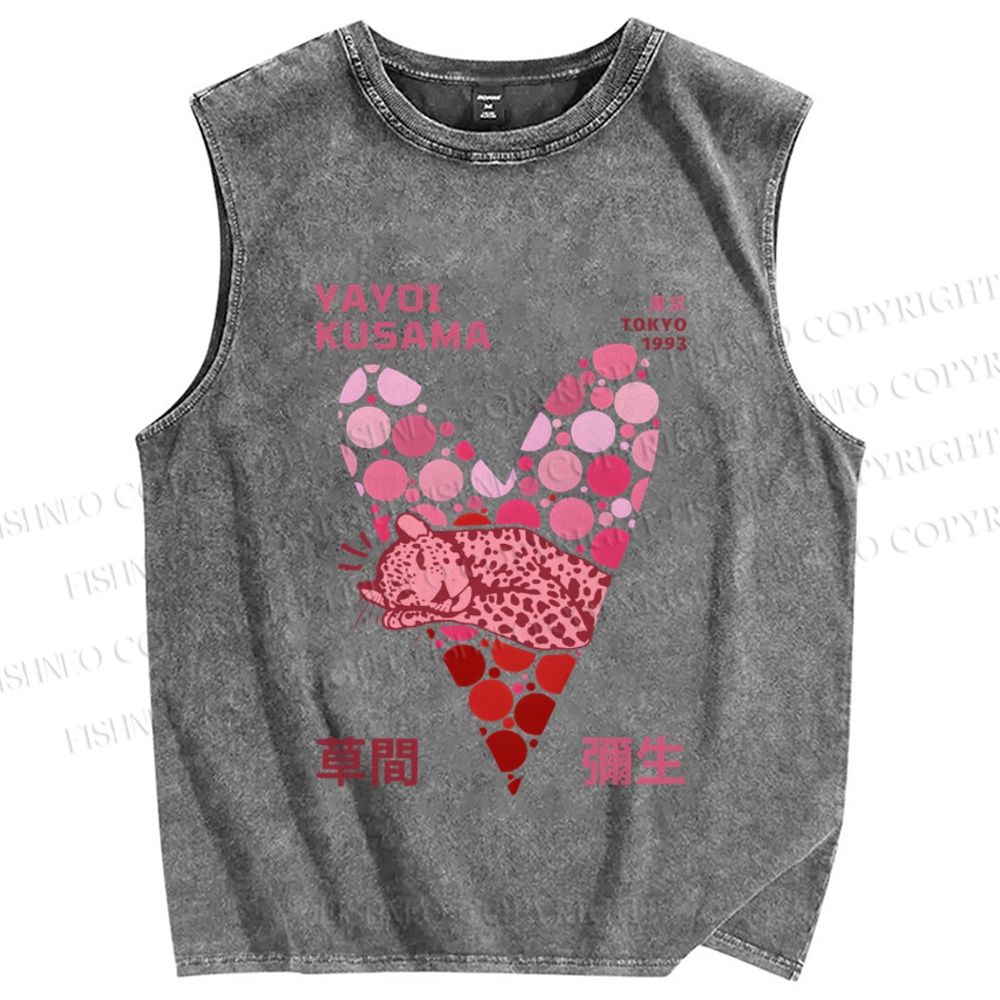 Unisex Yayoi Kusama Pink Panther in Heart Printed Washed Tank Top