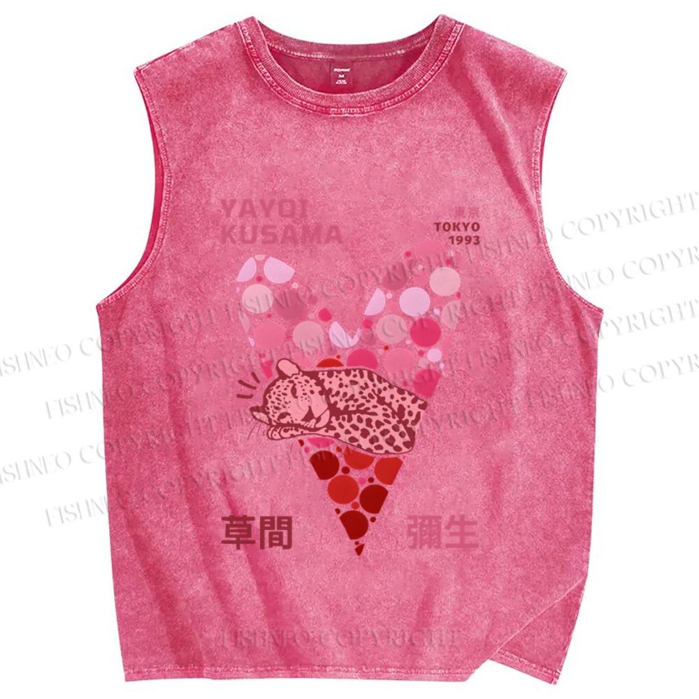 Unisex Yayoi Kusama Pink Panther in Heart Printed Washed Tank Top