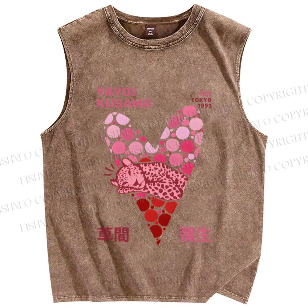 Unisex Yayoi Kusama Pink Panther in Heart Printed Washed Tank Top