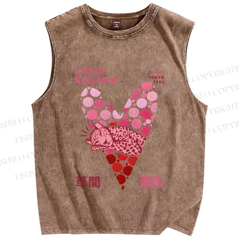 Unisex Yayoi Kusama Pink Panther in Heart Printed Washed Tank Top