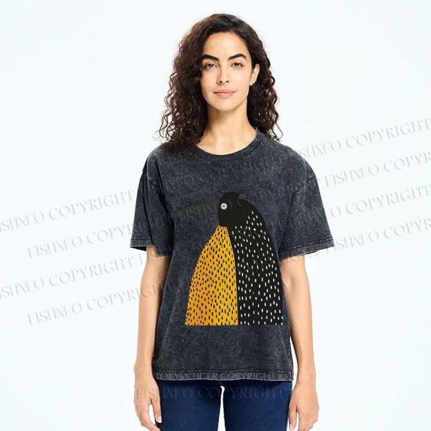Unisex Minimal Split Dot Bird Printed Washed Tee