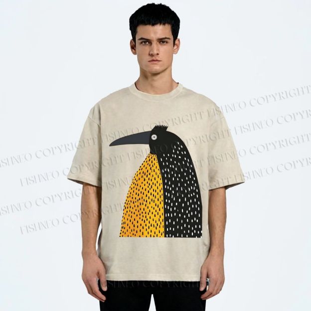 Unisex Minimal Split Dot Bird Printed Washed Tee