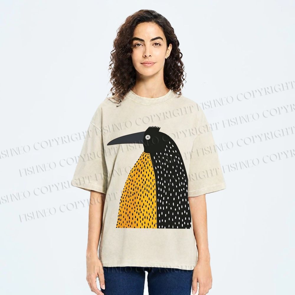 Unisex Minimal Split Dot Bird Printed Washed Tee