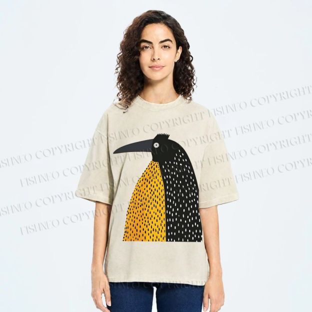 Unisex Minimal Split Dot Bird Printed Washed Tee