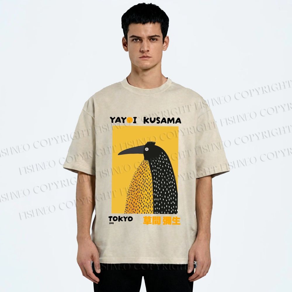 Unisex Half-Split Dot Bird Printed Washed Tee