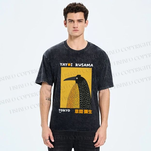 Unisex Half-Split Dot Bird Printed Washed Tee