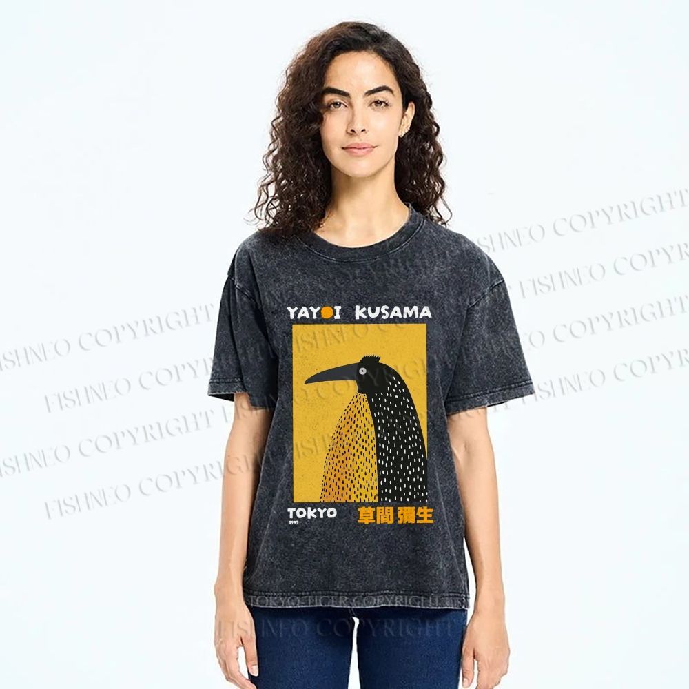 Unisex Half-Split Dot Bird Printed Washed Tee