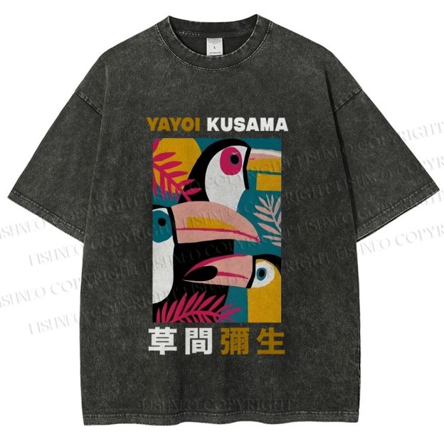 Unisex Tropical Geometric Toucans Printed Washed Tee