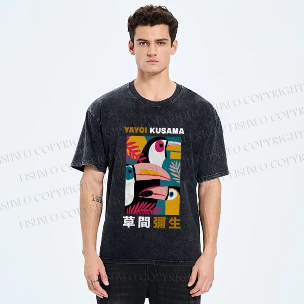 Unisex Tropical Geometric Toucans Printed Washed Tee