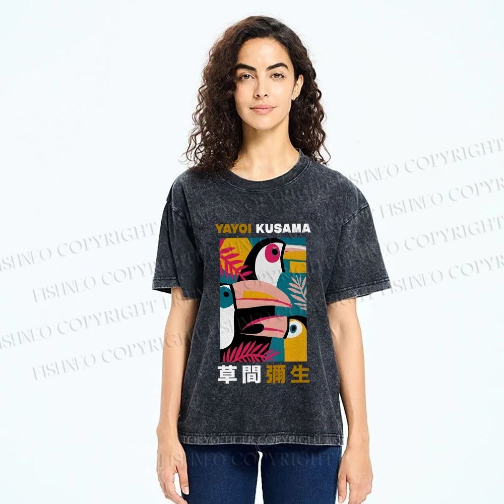 Unisex Tropical Geometric Toucans Printed Washed Tee