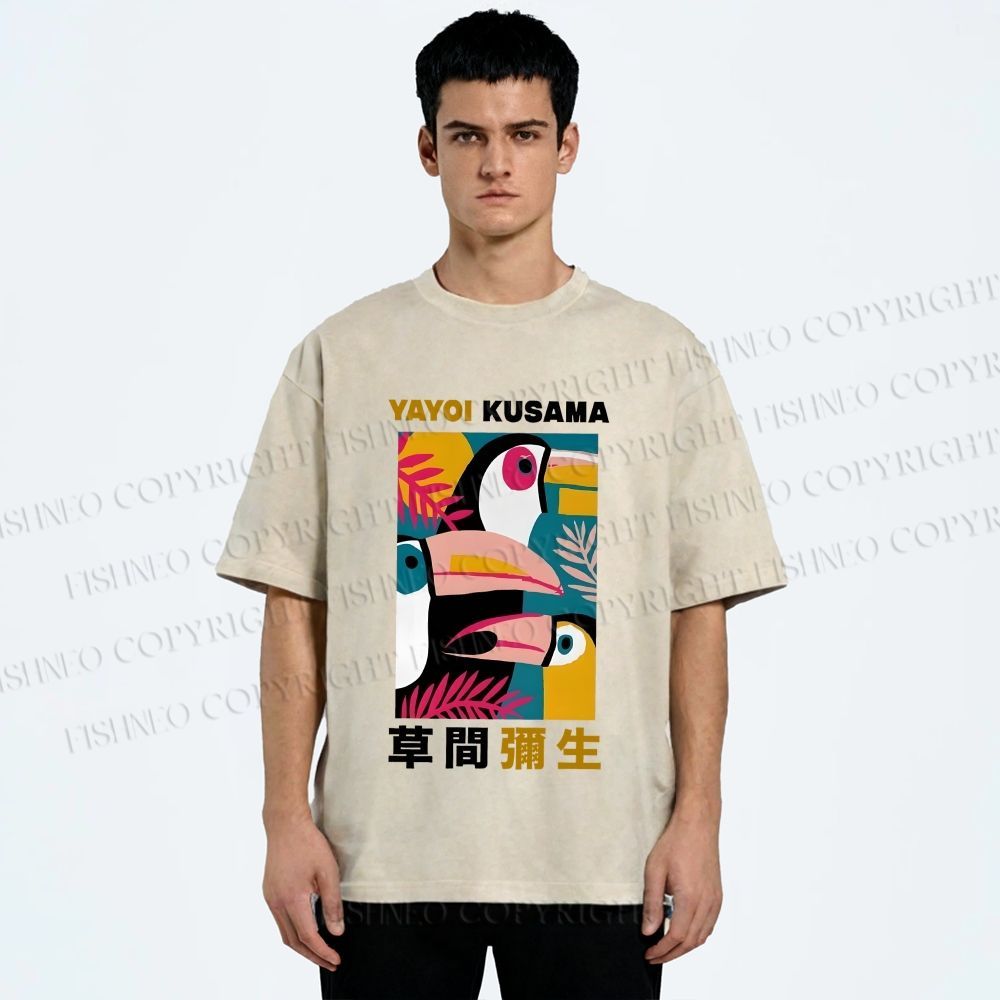 Unisex Tropical Geometric Toucans Printed Washed Tee