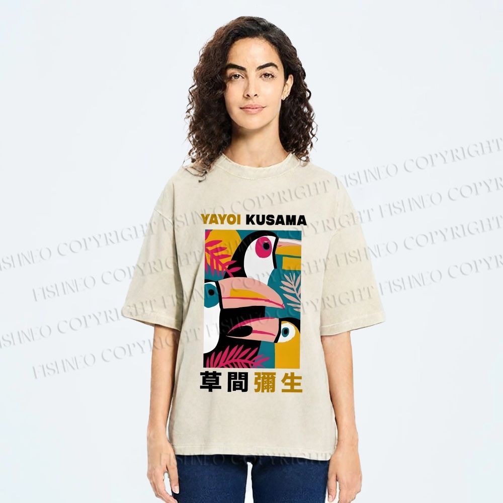 Unisex Tropical Geometric Toucans Printed Washed Tee