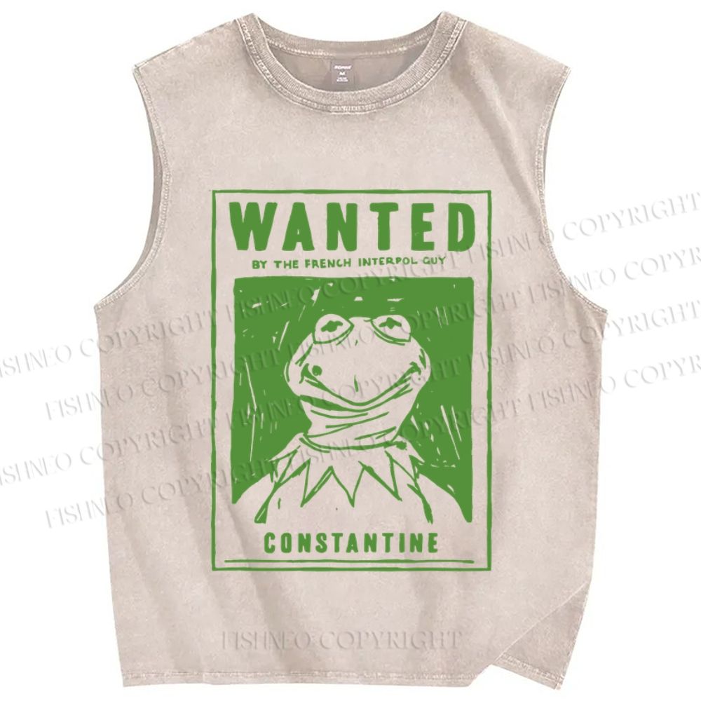 Unisex Wanted For Frog Printed Washed Tank Top
