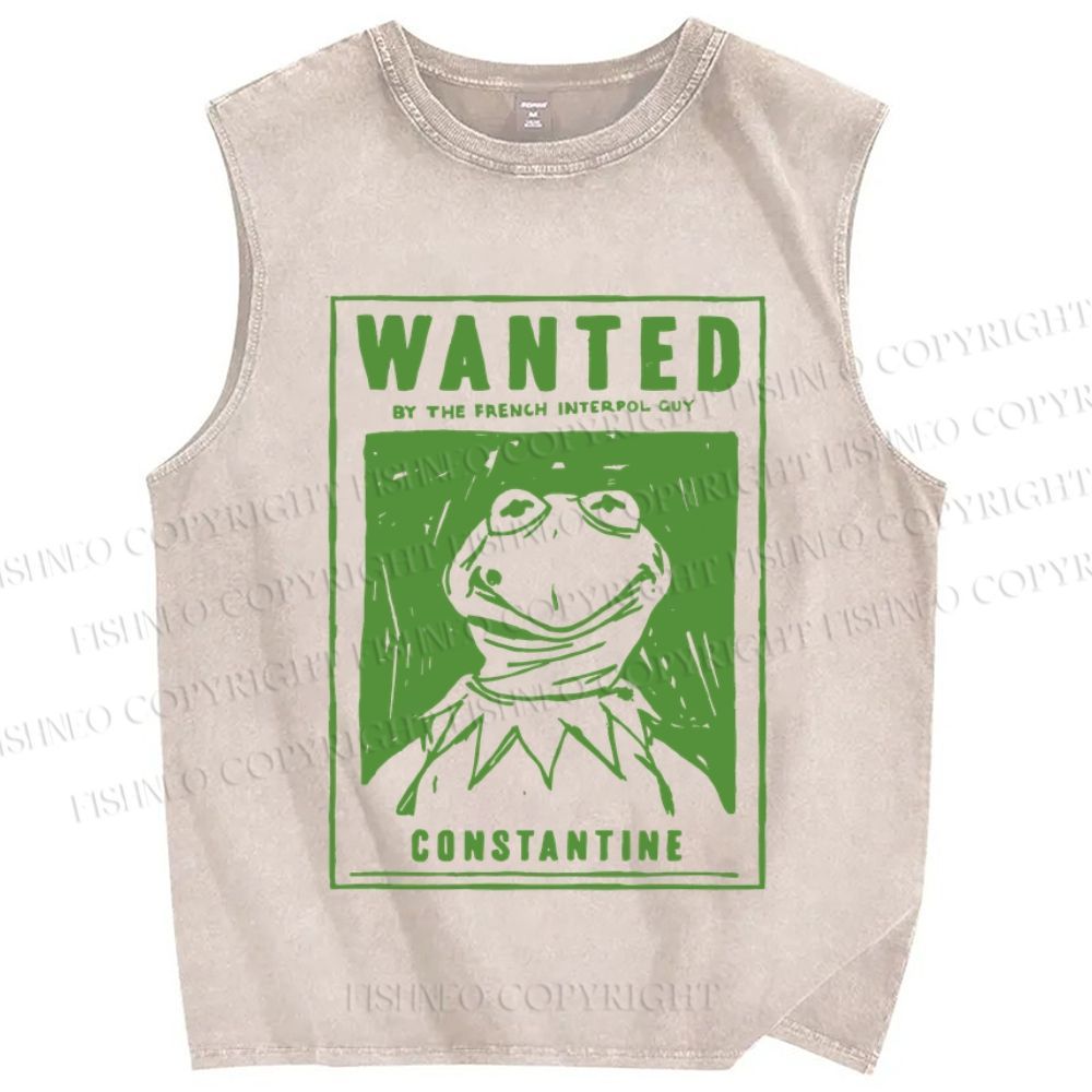 Unisex Wanted For Frog Printed Washed Tank Top