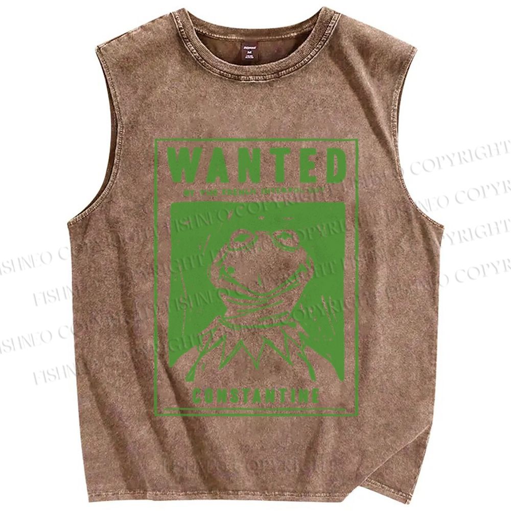 Unisex Wanted For Frog Printed Washed Tank Top