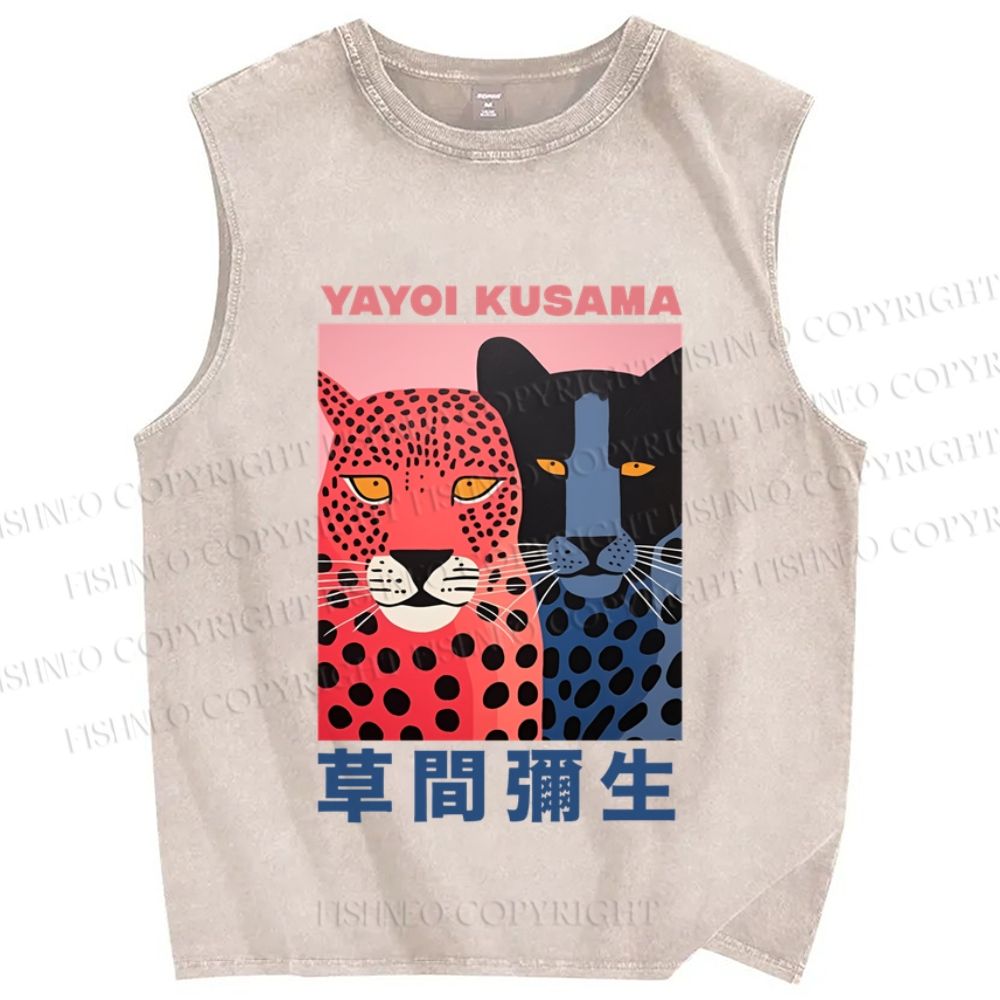Unisex Yayoi Kusama Pink Blue Panther Printed Washed Tank Top