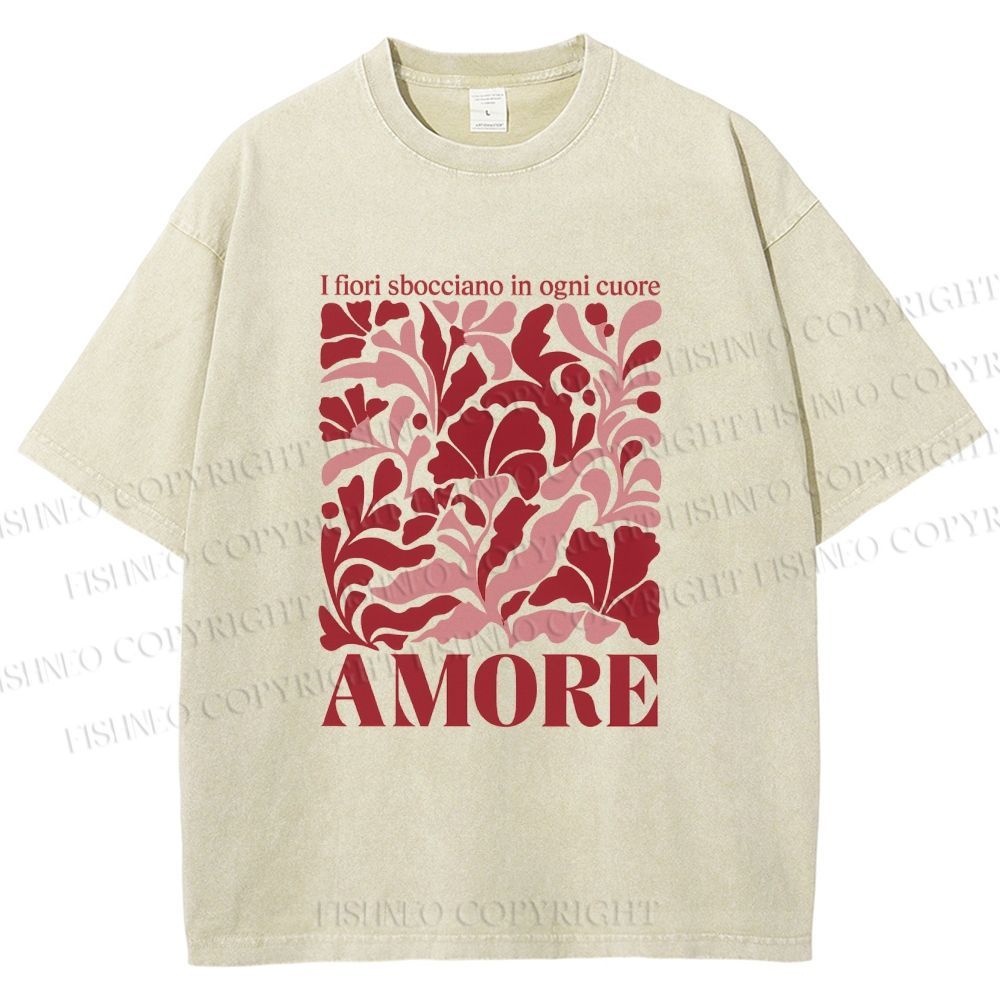 Unisex Red Floral Amore Printed Washed Tee