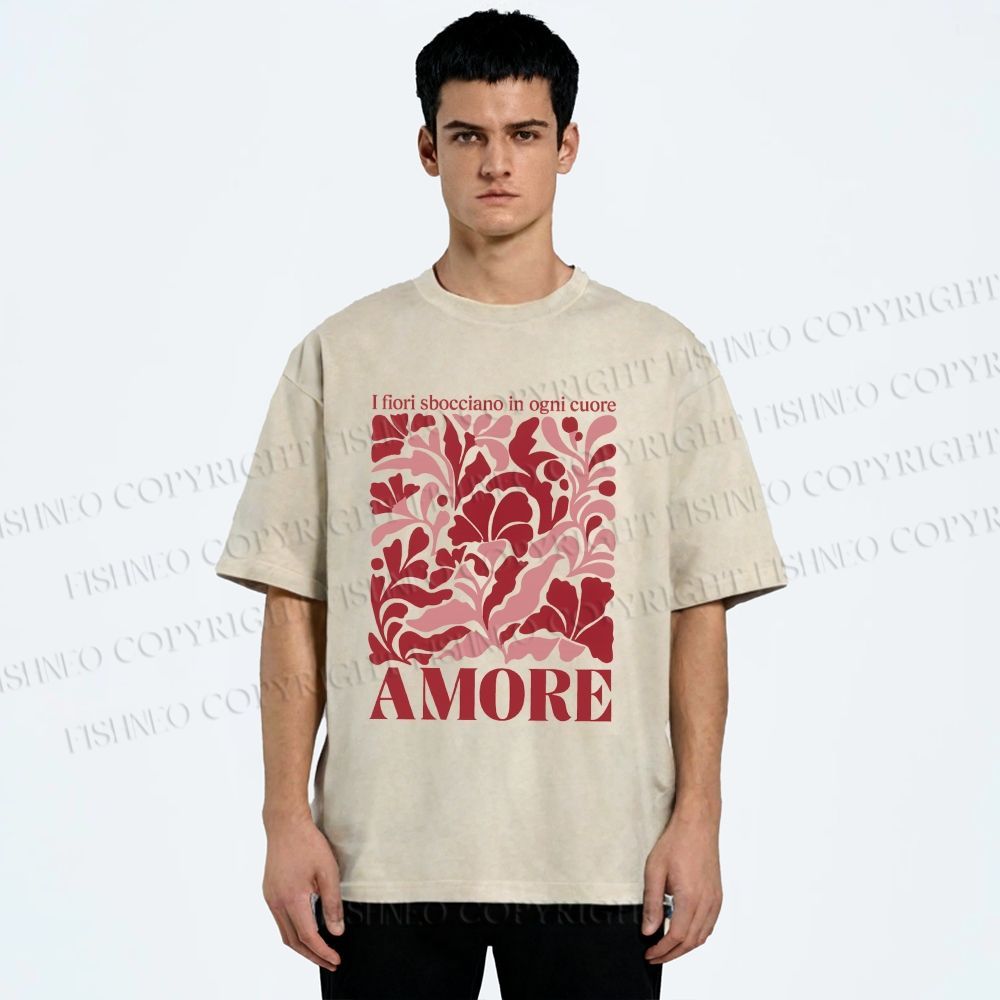 Unisex Red Floral Amore Printed Washed Tee
