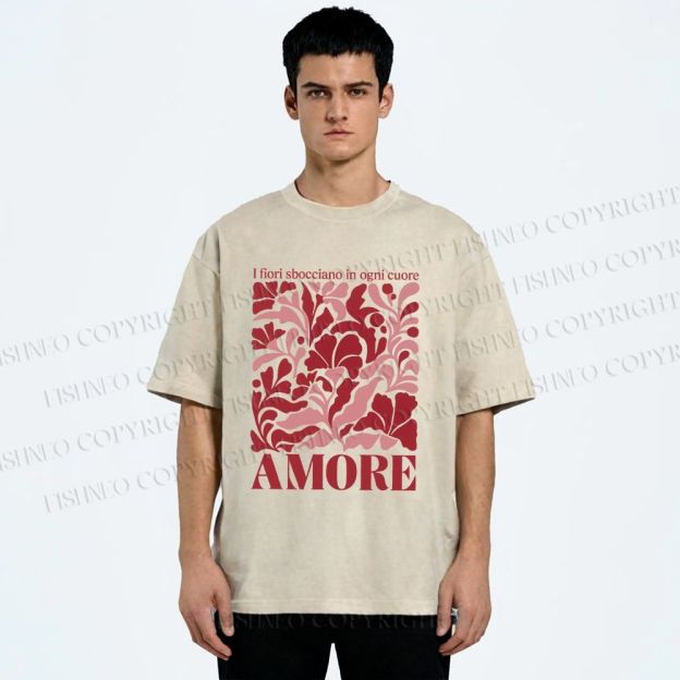 Unisex Red Floral Amore Printed Washed Tee