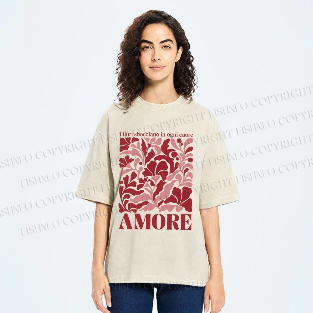 Unisex Red Floral Amore Printed Washed Tee