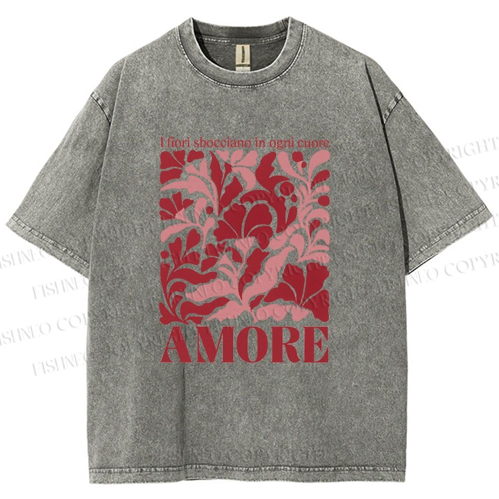 Unisex Red Floral Amore Printed Washed Tee