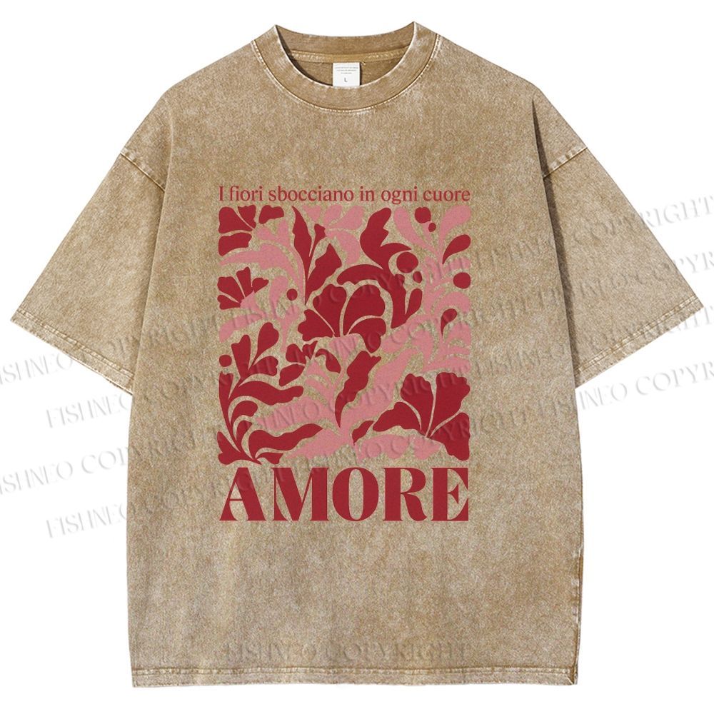 Unisex Red Floral Amore Printed Washed Tee