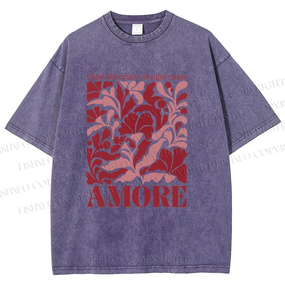 Unisex Red Floral Amore Printed Washed Tee