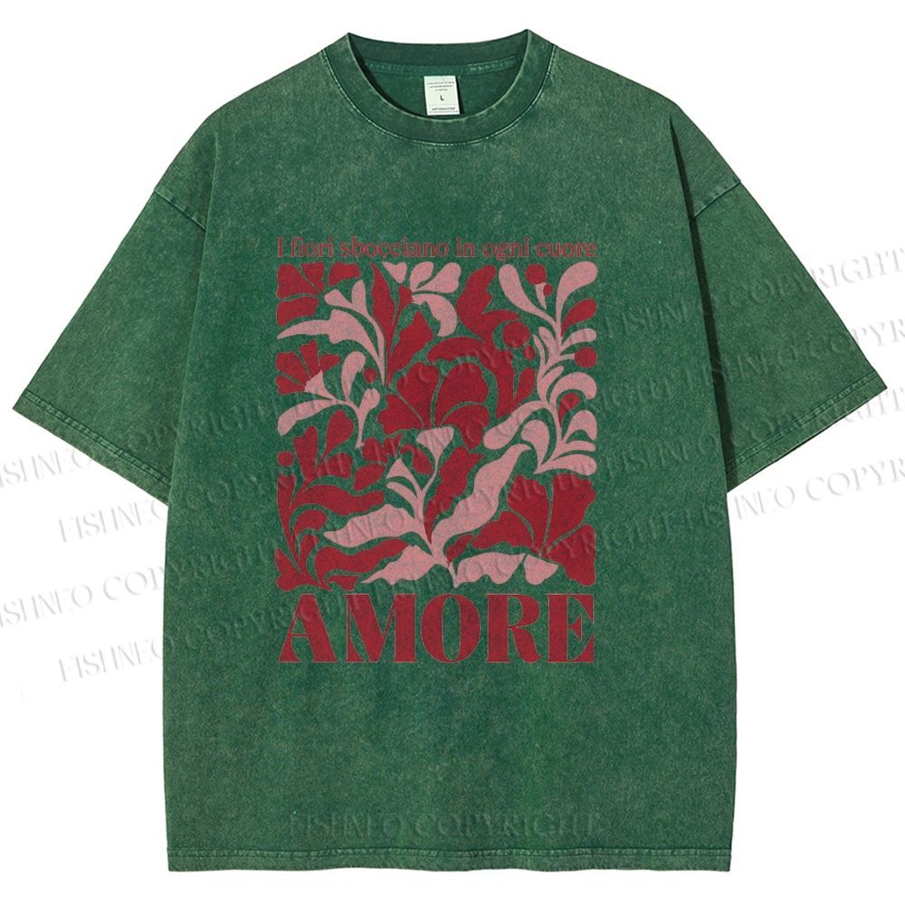 Unisex Red Floral Amore Printed Washed Tee