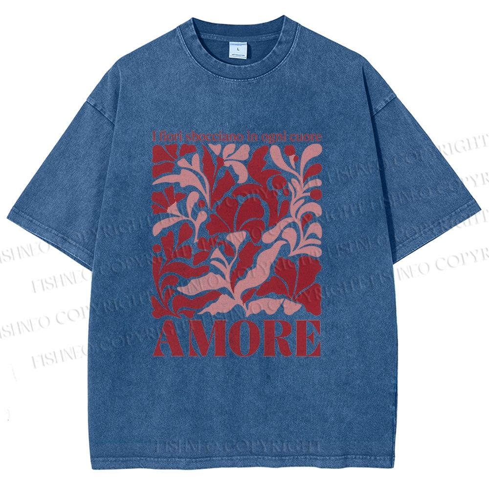 Unisex Red Floral Amore Printed Washed Tee