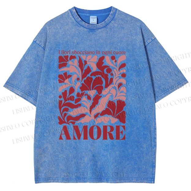 Unisex Red Floral Amore Printed Washed Tee