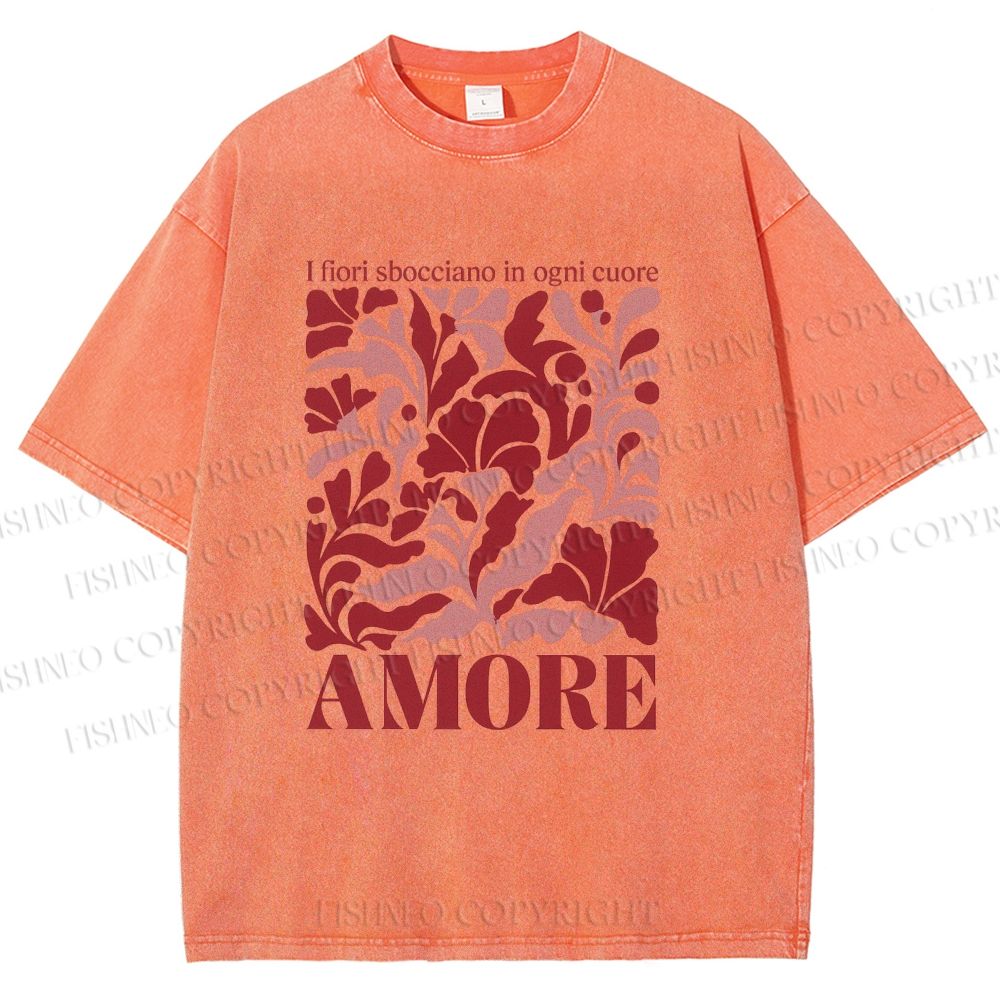 Unisex Red Floral Amore Printed Washed Tee