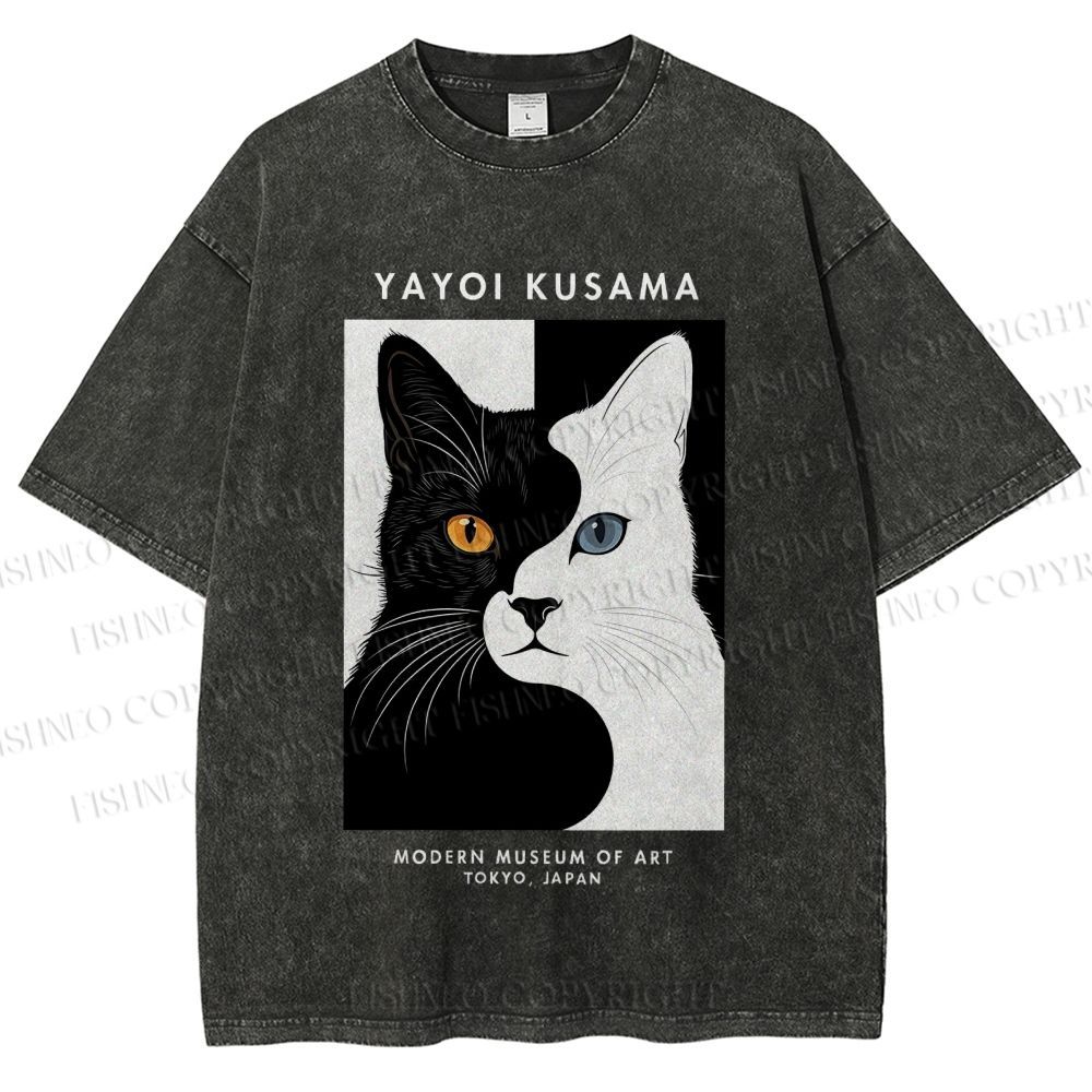 Unisex Yayoi Kusama Black White Cat Printed Washed Tee