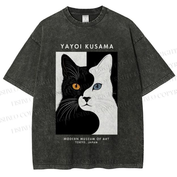 Unisex Yayoi Kusama Black White Cat Printed Washed Tee