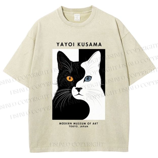 Unisex Yayoi Kusama Black White Cat Printed Washed Tee