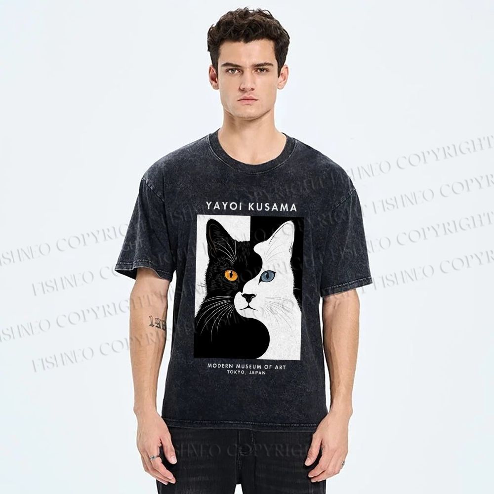 Unisex Yayoi Kusama Black White Cat Printed Washed Tee