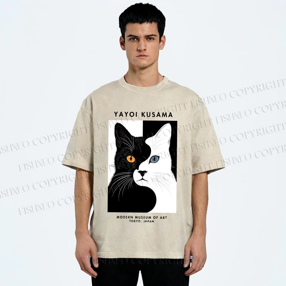 Unisex Yayoi Kusama Black White Cat Printed Washed Tee