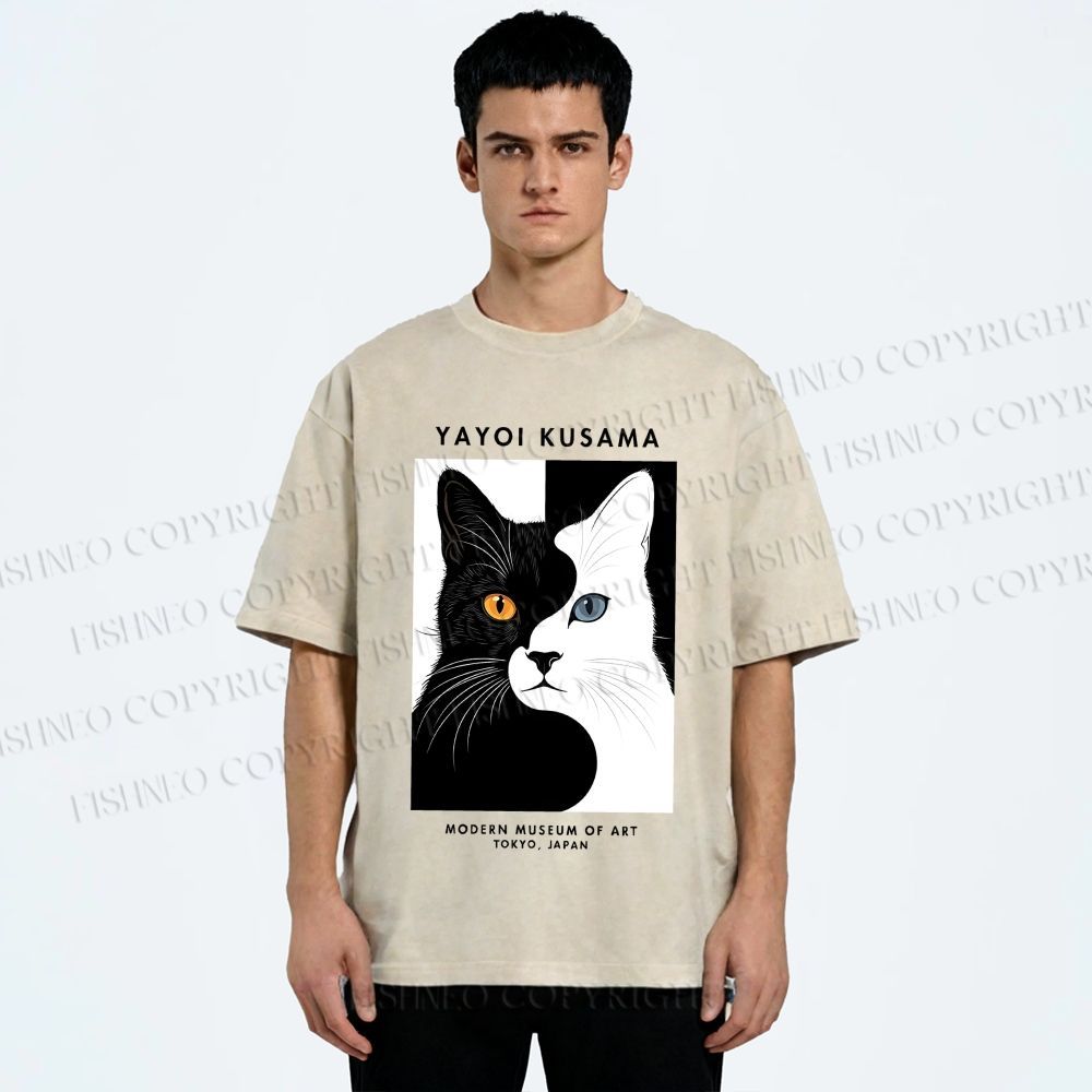 Unisex Yayoi Kusama Black White Cat Printed Washed Tee