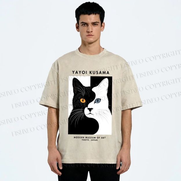 Unisex Yayoi Kusama Black White Cat Printed Washed Tee