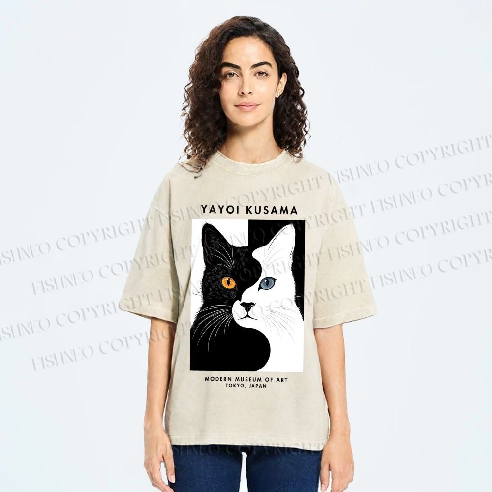 Unisex Yayoi Kusama Black White Cat Printed Washed Tee