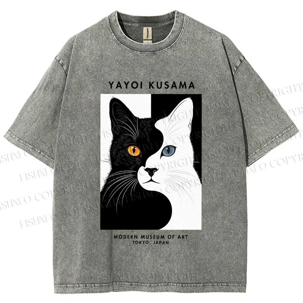 Unisex Yayoi Kusama Black White Cat Printed Washed Tee
