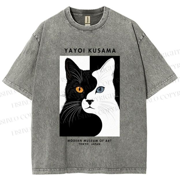 Unisex Yayoi Kusama Black White Cat Printed Washed Tee